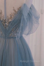 A-Line Round Neckline Blue Tulle With Lace Long Prom Dresses Tulle Prom Dresseses