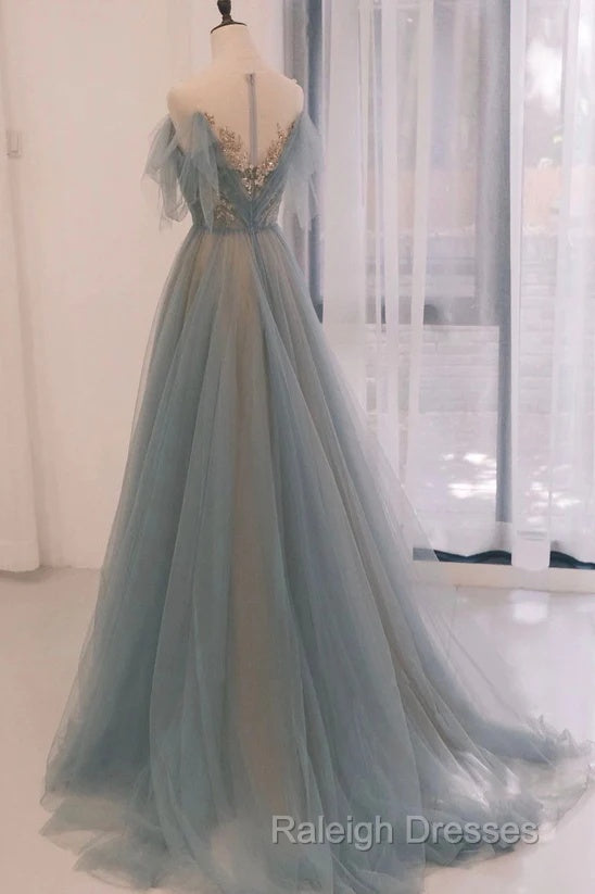 A-Line Round Neckline Blue Tulle With Lace Long Party Dress, Tulle Evening Dress Prom Dress