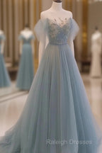 A-Line Round Neckline Blue Tulle With Lace Long Prom Dresses Tulle Prom Dresseses