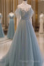 A-Line Round Neckline Blue Tulle With Lace Long Prom Dresses Tulle Prom Dresseses