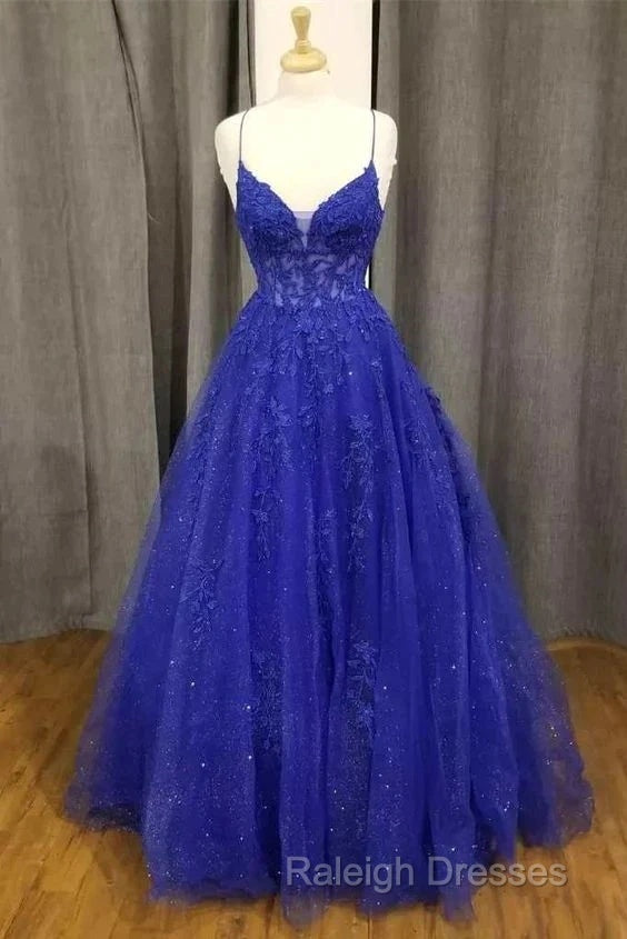 A-Line Royal Blue Formal Gown Long V-Neck Lace Prom Dress Applique Secondary image