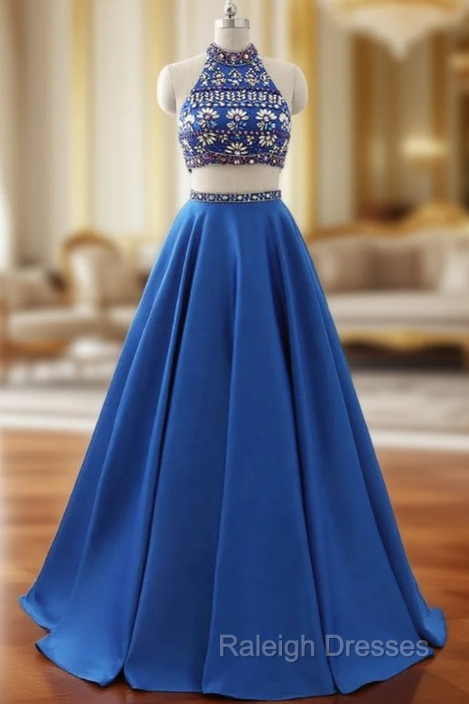 A-Line Royal Blue Satin Two Piece Halter Backless Prom Dress With Crystal
