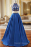 A Line Royal Blue Satin Two Piece Halter Backless Prom Dresses With Crystal