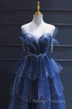 A-Line Royal Blue Tulle Beaded Long Senior Prom Dresses