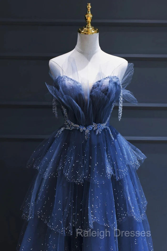 A-Line Royal Blue Tulle Beaded Long Senior Prom Dresses