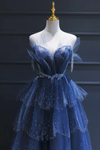 A-Line Royal Blue Tulle Beaded Long Senior Prom Dresses
