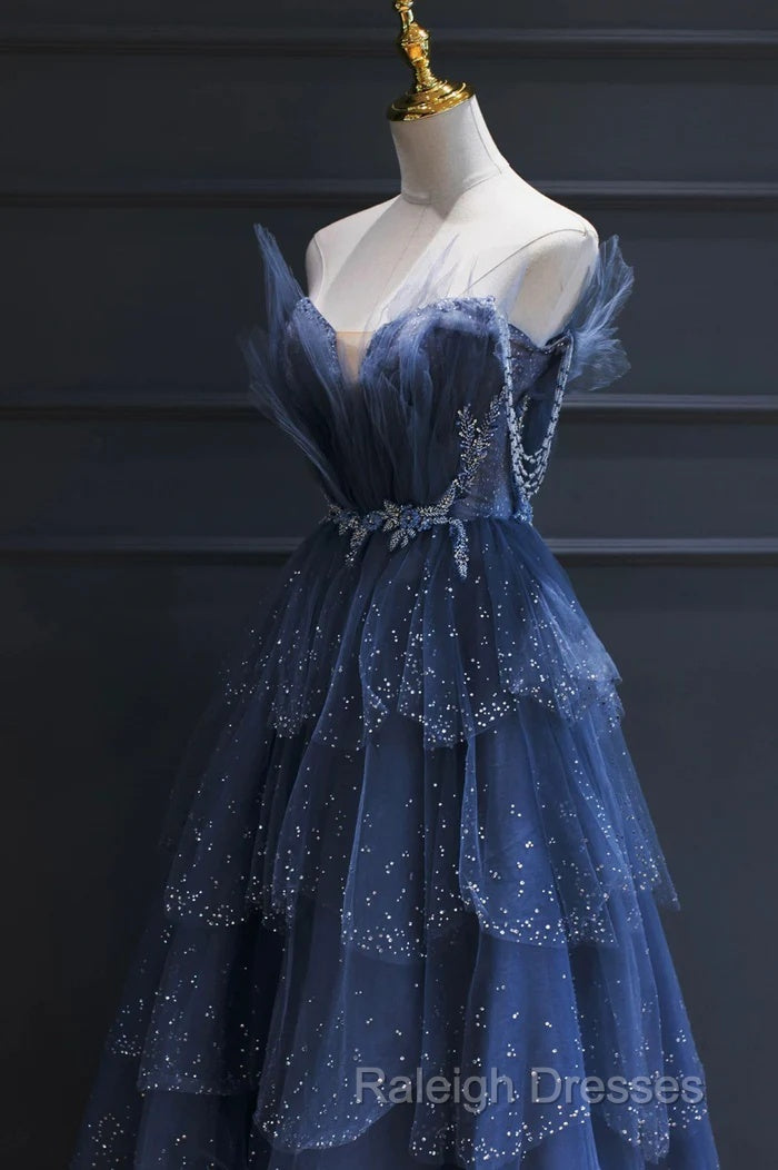 A-Line Royal Blue Tulle Beaded Long Senior Prom Dresses