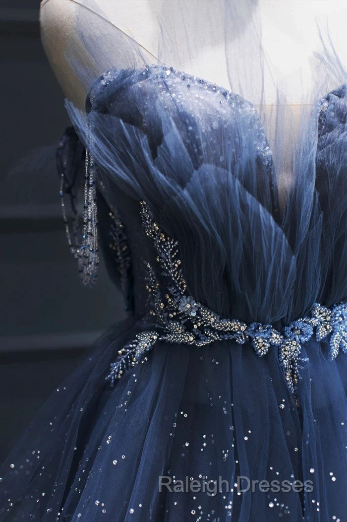 A-Line Royal Blue Tulle Beaded Long Senior Prom Dresses