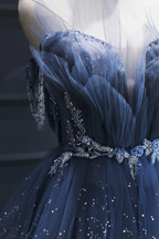 A-Line Royal Blue Tulle Beaded Long Senior Prom Dresses