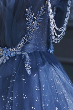 A-Line Royal Blue Tulle Beaded Long Senior Prom Dresses