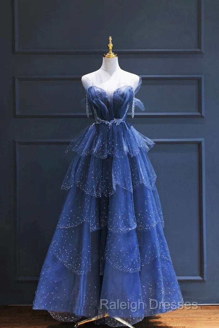 A-Line Royal Blue Tulle Beaded Long Senior Prom Dresses