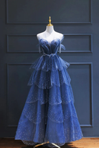 A-Line Royal Blue Tulle Beaded Long Senior Prom Dresses