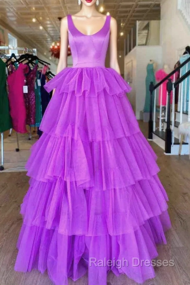 A Line Ruffles Purple Tulle Long Prom Dress Main image
