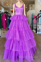 A Line Ruffles Purple Tulle Long Prom Dress