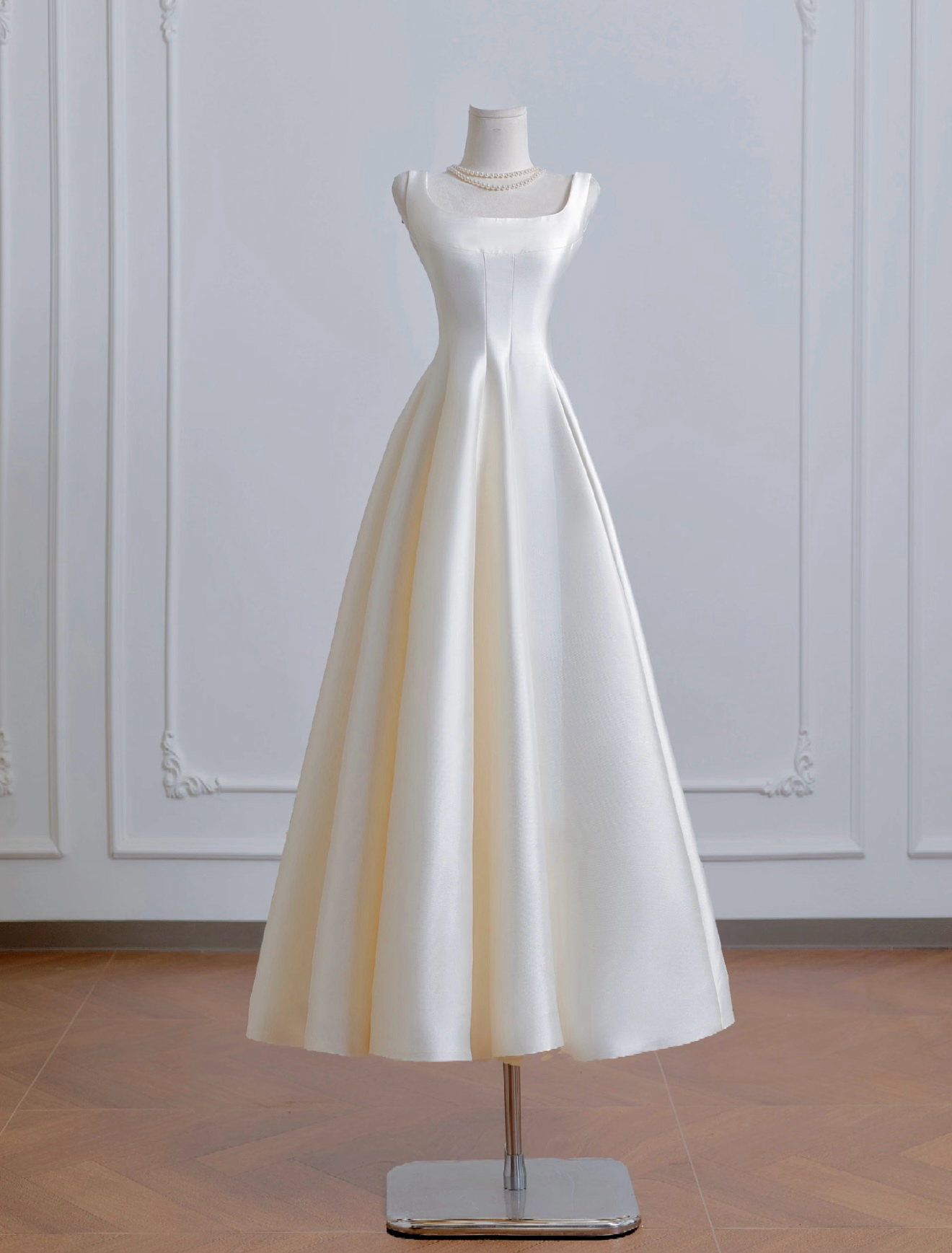 A-Line Satin Beige Long Formal Prom Dress, Beige Long Formal Dress Main image