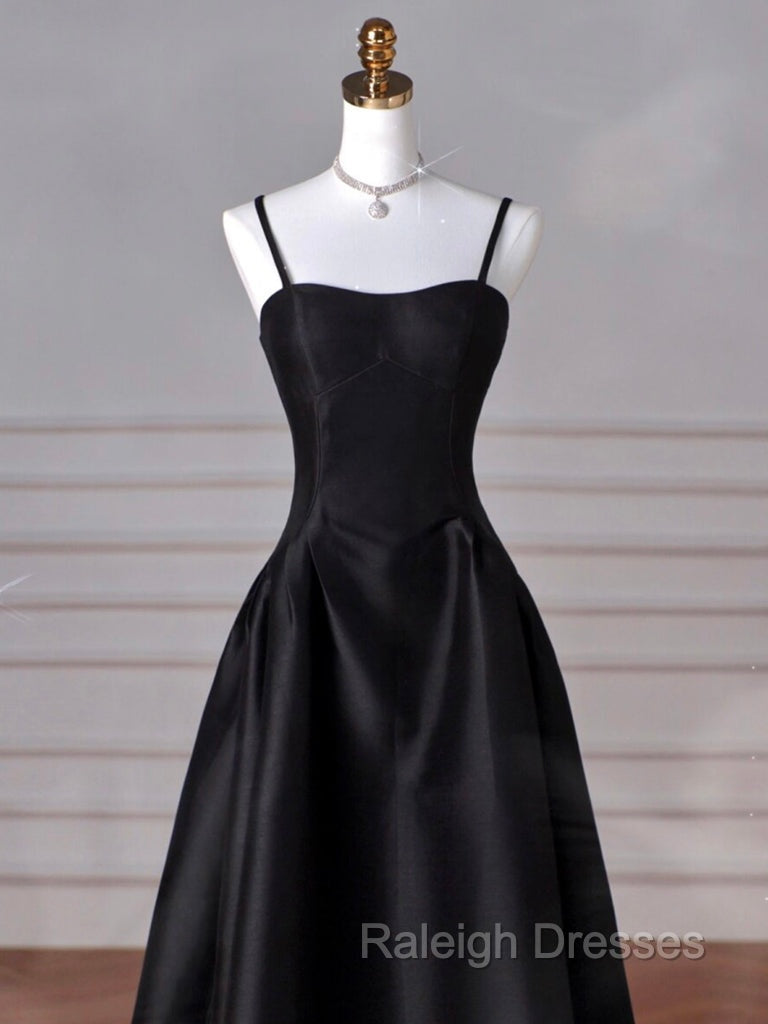 A-Line  Satin Black Long Prom Dress, Black Long Evening Dress