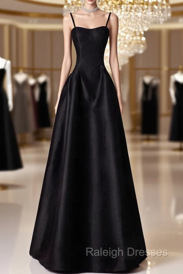 A Line Satin Black Long Prom Dress, Black Long Prom Dress Main image