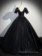 A-Line Satin Black Long Prom Dress Quinceanera Dress Short Sleeves Evening Dress