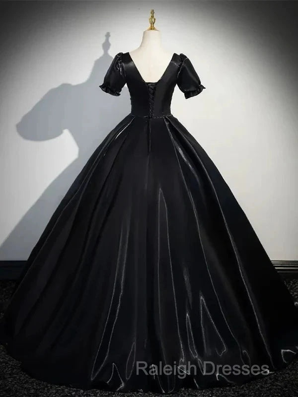 A-Line Satin Black Prom Dresses Long Quinceanera Dresses Short Sleeves Prom Dresses