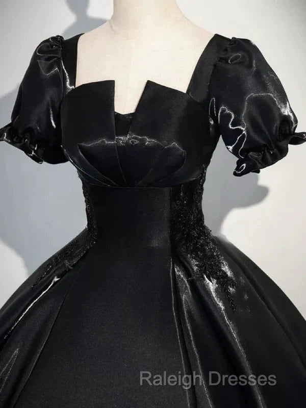 A-Line Satin Black Prom Dresses Long Quinceanera Dresses Short Sleeves Prom Dresses