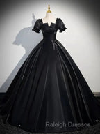 A-Line Satin Black Prom Dresses Long Quinceanera Dresses Short Sleeves Prom Dresses