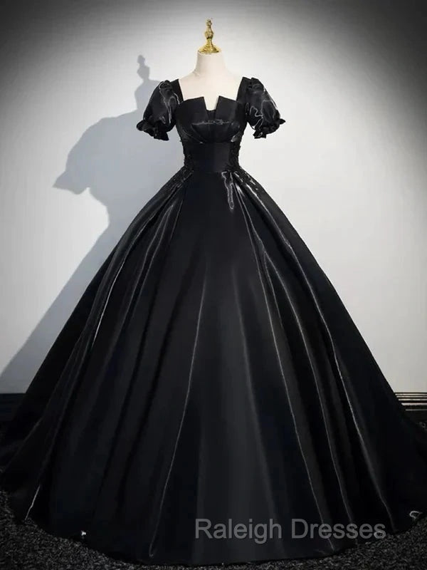 A-Line Satin Black Prom Dresses Long Quinceanera Dresses Short Sleeves Prom Dresses
