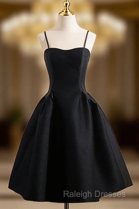 A-Line Satin Black Satin Short Prom Dress, Black Homecoming Dress Main image