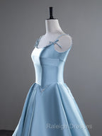A-Line Satin Blue Long Prom Dress, Blue Long Evening Dress