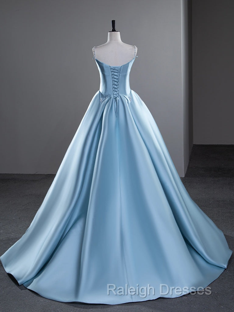 A-Line Satin Blue Long Prom Dress, Blue Long Evening Dress