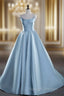 A-Line Satin Blue Long Prom Dress, Blue Long Evening Dress