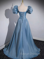 A-Line Satin Blue Long Prom Dress, Blue Long Formal Dress