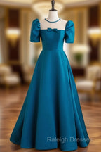 A-Line Satin Blue Long Prom Dress, Blue Long Formal Evening Dresses