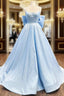 A-Line Satin Blue Long Prom Dress, Blue Long Graduation Dress
