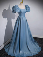 A-Line Satin Blue Long Prom Dress, Blue Satin Long Evening Dress