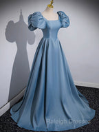 A Line Satin Blue Long Prom Dress, Blue Satin Long Prom Dress