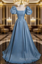 A-Line Satin Blue Long Prom Dress, Blue Satin Long Evening Dress