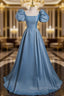 A-Line Satin Blue Long Prom Dress, Blue Satin Long Evening Dress