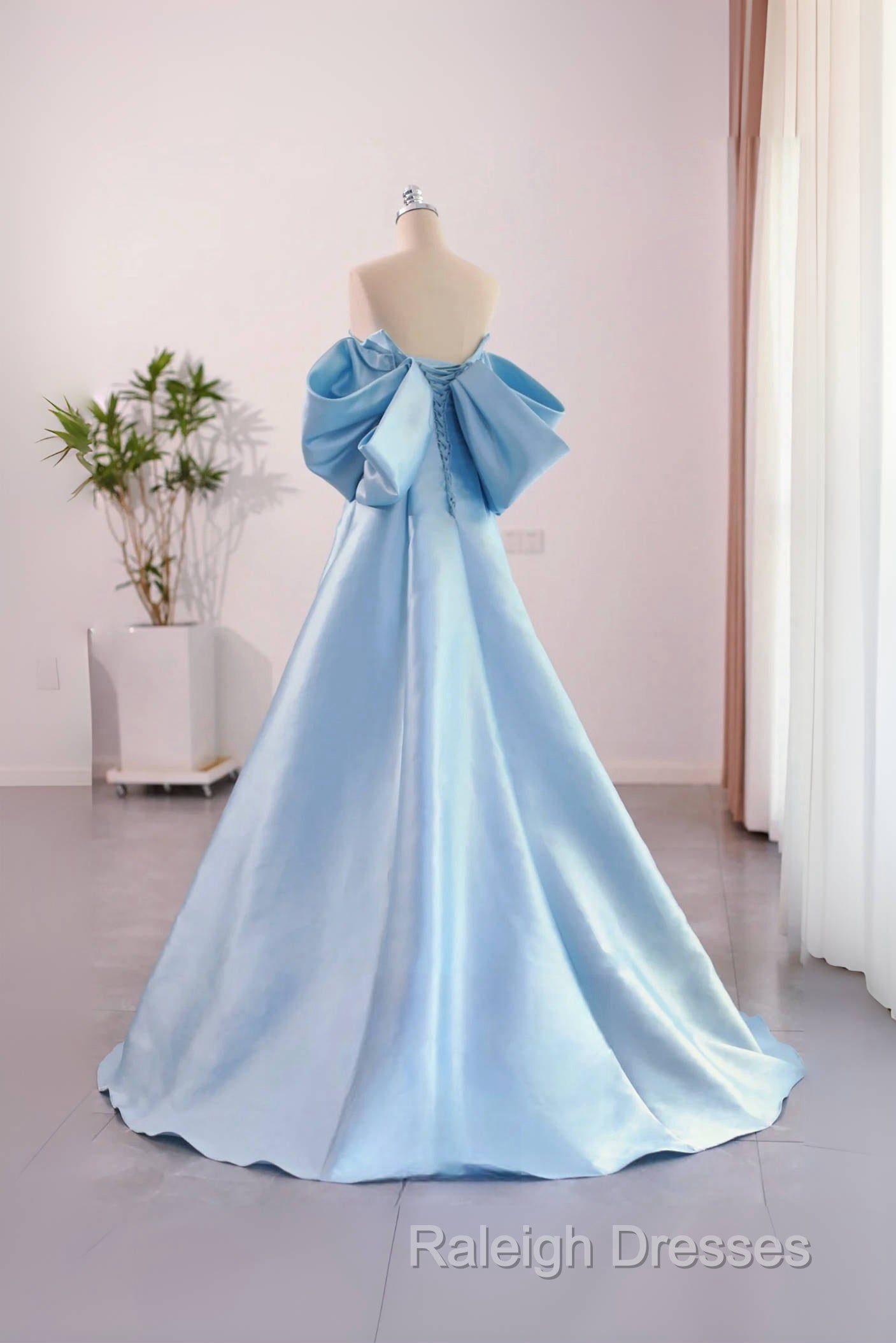 A-Line Satin Blue Long Prom Dress With Bow