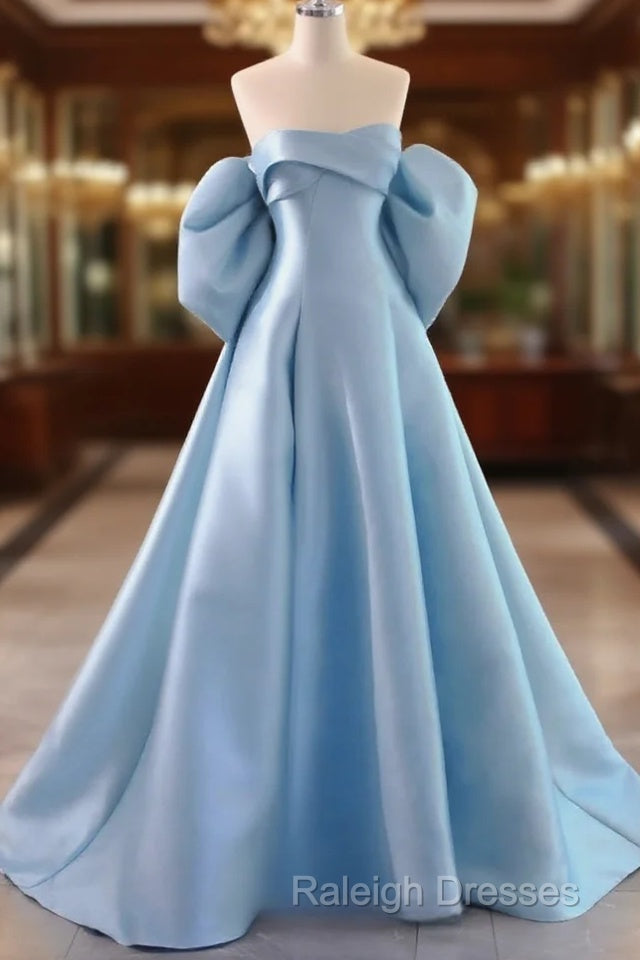 A-Line Satin Blue Long Prom Dress With Bow Main image