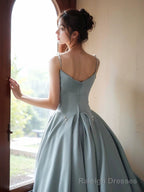 A Line Satin Blue Long Straps Prom Dress, Satin Long Prom Dress