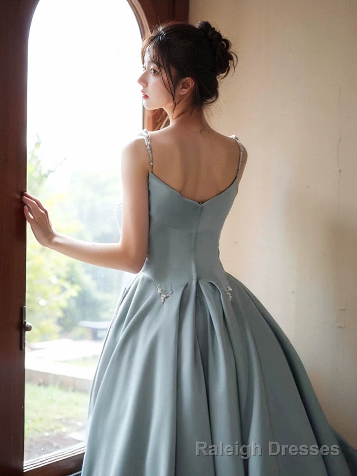 A Line Satin Blue Long Straps Prom Dress, Satin Long Prom Dress