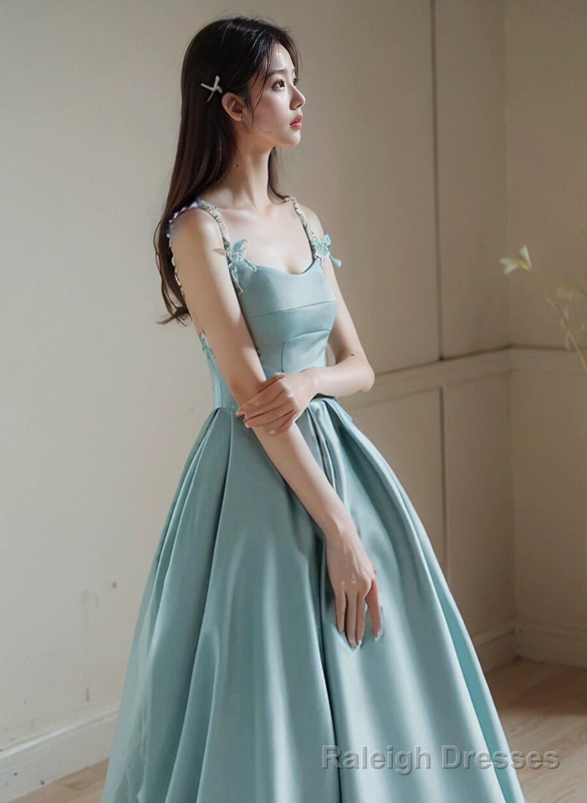 A Line Satin Blue Long Straps Prom Dress, Satin Long Prom Dress