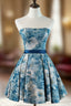 A-Line Satin Blue Short Prom Dress, Blue Homecoming Dress