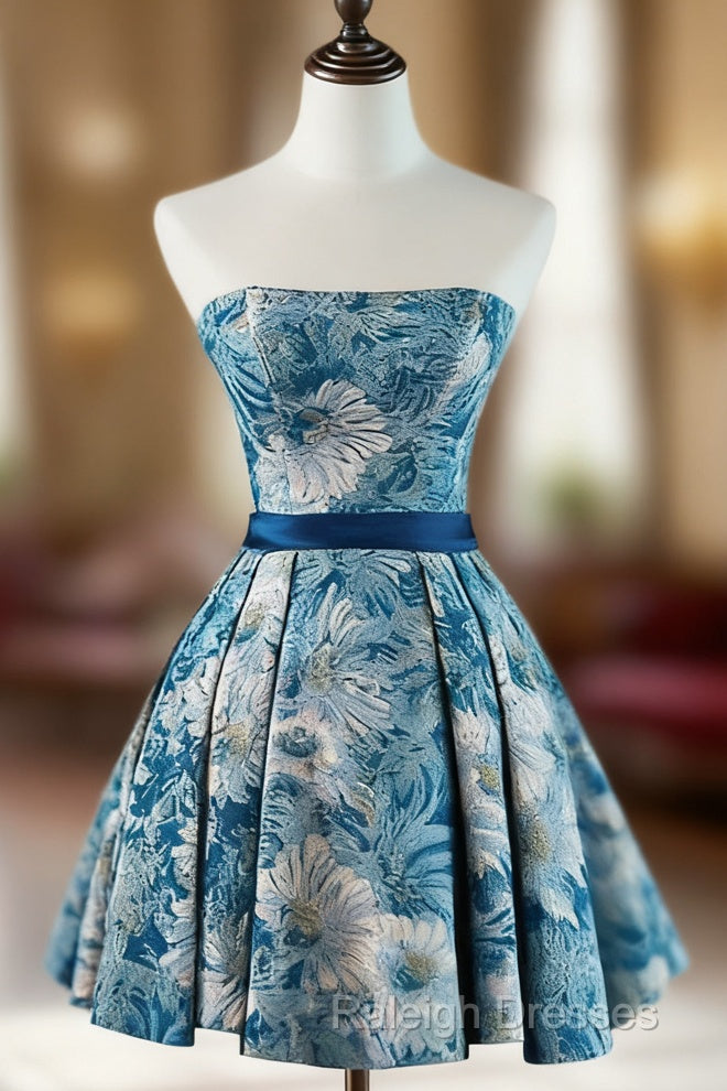 A-Line Satin Blue Short Prom Dresses Blue Homecoming Dresses
