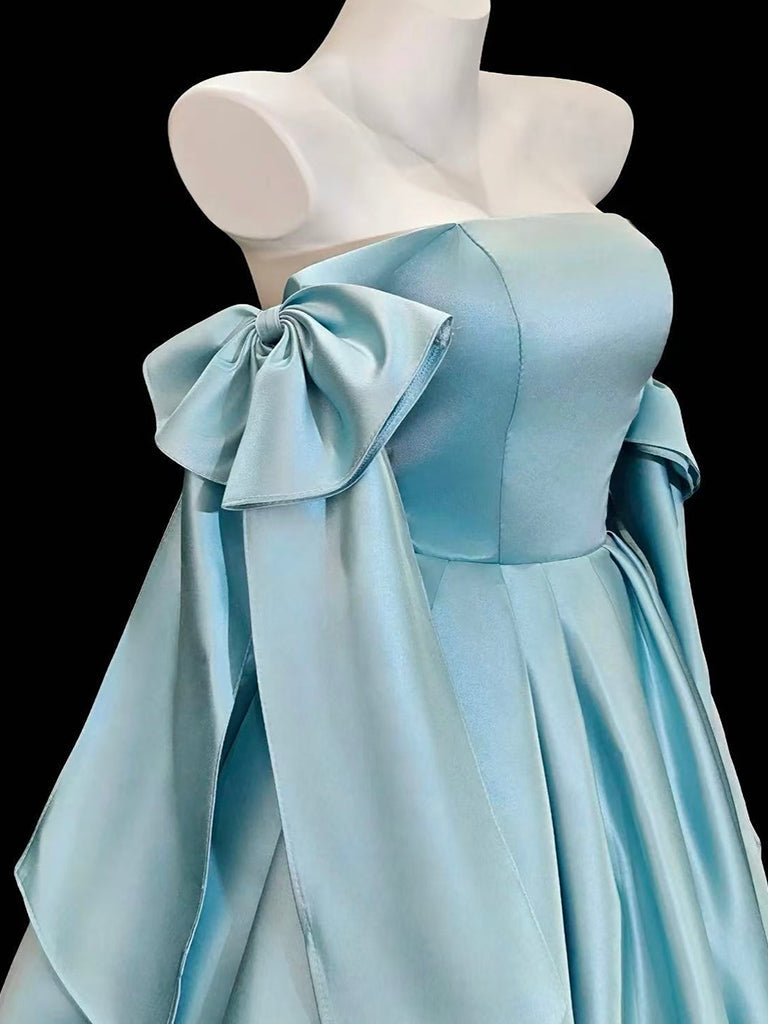 A-Line Satin Blue Short Formal Prom Dress With Bow Tie