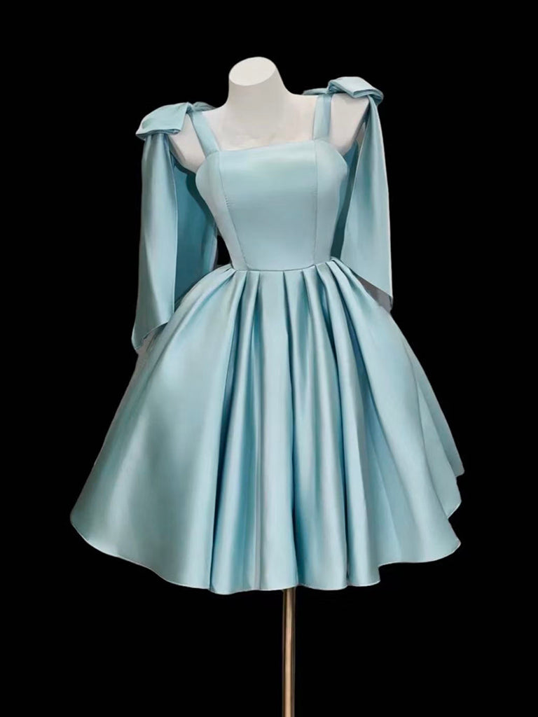 A-Line Satin Blue Short Formal Prom Dress With Bow Tie Main image