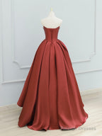 A-Line Satin Burgundy Long Prom Dress, Burgundy Long Evening Dress