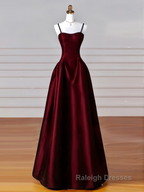 A Line Satin Burgundy Long Prom Dress, Burgundy Long Formal Dress