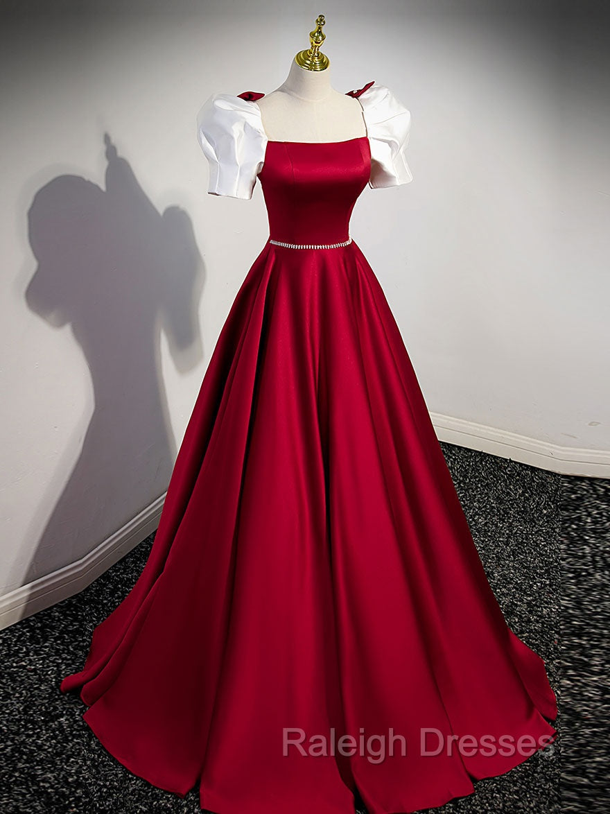 A Line Satin Burgundy Long Prom Dresses, Puffy Sleeve Formal Prom Dress Secondary image