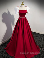 A Line Satin Burgundy Long Prom Dresses, Puffy Sleeve Formal Prom Dress